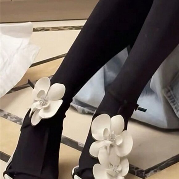 Black Elegant Women's Floral Open Square Toe High Heel Sandals - Picture 4 of 7